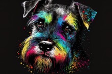 A Picture Of A Miniature Schnauzer In Neon Colors On A Black Backdrop And Watercolor Splatters In A Pop Art Style