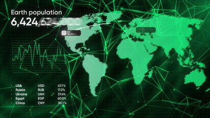Aufkleber - Graph of earth's population. Motion. Animated world map with moving lines and graphs. 3D animation of analytical map of world with population numbers