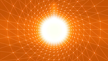 Poster - Green and orange background. Motion.A white and black grid in a tunnel that moves forward in abstraction.