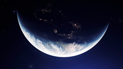 Poster - View of the Milky Way. Motion.A large blue-tinged planet Earth rotating around its axis in animation.