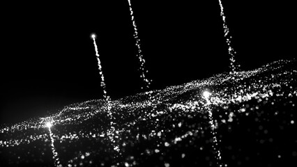 Poster - Cinematic monochrome moving particles with flying shapes. Motion. Universe dust with stars background.