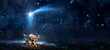 Leinwandbild Motiv Nativity Scene - Birth Of Jesus Christ With Manger In Snowy Night And Starry Sky - Abstract Defocused Background