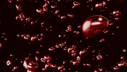 Poster - Green and red background. Motion.Bright big dense bubbles in abstraction that fly in different directions.