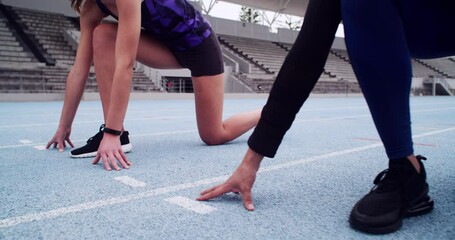 Wall Mural - Race track, ready and sports women group or runner feet and legs at stadium for competition, event or training focus, goal and mission. Friends or athlete people in line for workout running challenge