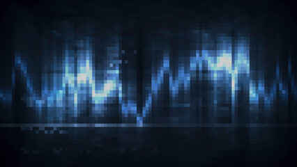 Poster - Pixel image of luminous wave line. Motion. Bright glowing line moves in wave. Energy wave line of pixels