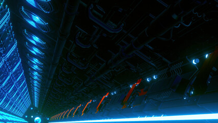 Poster - Blue background. Motion.A bright illuminated corridor with glowing lights inside that moves and spins forward in abstraction.