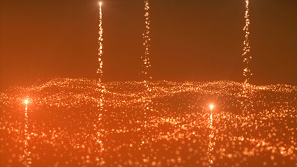Poster - Bright glowing dots in stream. Motion. Energy flow with bright particles and moving dots. Energy or cosmic flow with waves of luminous particles