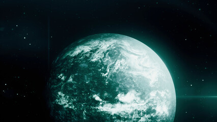 Poster - Abstract spherical space body rotating in front of stars. Motion. Turquoise planet spinning in outer space.