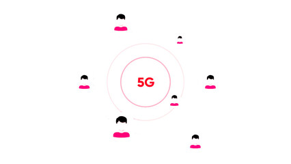Poster - White background. Motion.Distribution of the most highly efficient 5g Internet in animation and pink icons of users connecting to the network are visible.