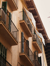 Partial View Of A House Facade, Residential Building, View Of Balconies And Shutters, View From Below