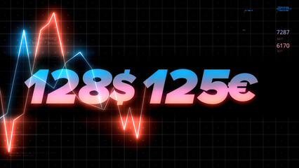 Poster - Neon abstract charts with changing values of check points on a dark background. Motion. Animation with up and down moving blue and pink neon lines and dollar and euro exchange rates.