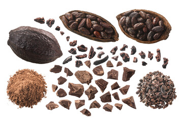 Wall Mural - Processed Cocoa: nibs, fermented beans, pods, cacao mass, powdered, piles, isolated, top view png