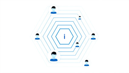 Poster - Abstract i icon symbol of the internet spreading signal among icons of people on a white background. Motion. Concept of social networks.