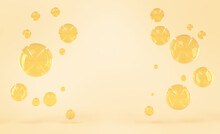 Gold Bubbles Of Oil, Serum Or Yellow Water Drops On Beige Background 3d Render. Abstract Geometric Spheres Or Balls, Clear Liquid Texture With Empty Place For Display Cosmetic Product
