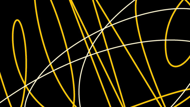 Colorful yellow and white pen strokes disappear on a black background. Motion. Randomly written lines or stripes.