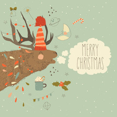 Wall Mural - Illustration with Cute Reindeer wishing Merry Christmas