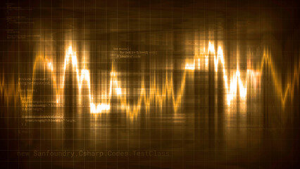 Poster - Digital waveform equalizer on a black background. Motion. Technological abstract element of a futuristic interface with digital code behind.