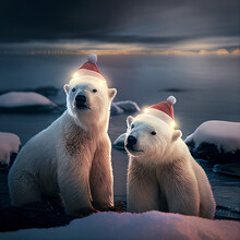 Two Polar Bears Wearing A Santa Claus Hat In Winter