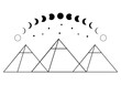 Three egypt ancient pyramid of giza are egyptian pharaoh tomb traingle outline with curve moon different phases or lunar phase and stars on white background vector design black icon.