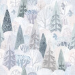 Cute winter landscape, hills, drifts, trees and spruce. Watercolor illustration. Winter seamless pattern. Pastel colors.