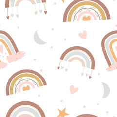 Poster - Seamless vector pattern with hand drawn rainbows and love. Trendy baby texture