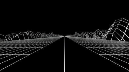 Poster - Black background . Design. Bright white grids that create mountains and roads in animation.