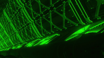 Aufkleber - Tunnel with technological neon details. Motion. Spaceship-style tunnel with neon details. Duct of ventilation system in futuristic style