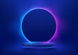 Abstract 3D blue cylinder pedestal podium. Sci-fi dark blue abstract background with glow round circle neon lamp lighting. Vector rendering, Product display mockup. Futuristic scene. Stage showcase.