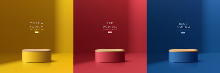 Poster - Set of abstract 3D rooms with yellow, blue, red, wooden realistic cylinder podium. Minimal wall scene with light and shadow background. Stage showcase, Mockup product display. Vector geometric forms.