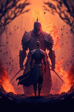 A black knight. Riding horse. Flame. Medieval times. fantasy scenery. concept art.