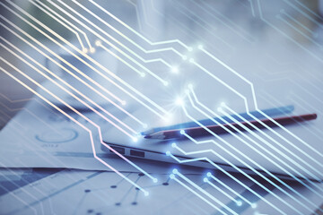Poster - Double exposure of table with computer on background and data theme hologram. Data technology concept.
