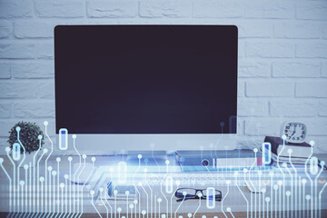 Aufkleber - Double exposure of table with computer on background and data theme hologram. Data technology concept.