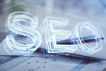 Aufkleber - Double exposure of table with computer and seo drawing hologram. Search optimization concept.