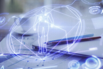 Aufkleber - Desktop computer background and education theme drawing. Double exposure. Study concept.