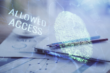 Aufkleber - Computer on desktop in office with finger print drawing. Double exposure. Concept of business data security.