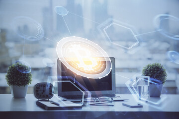 Poster - Double exposure of blockchain and crypto economy theme hologram and table with computer background. Concept of bitcoin cryptocurrency.
