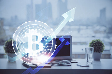 Poster - Double exposure of blockchain and crypto economy theme hologram and table with computer background. Concept of bitcoin cryptocurrency.