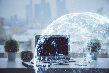 Aufkleber - Computer on desktop with social network hologram. Double exposure. Concept of international people connections.