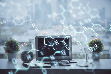 Poster - Desktop computer background and formula hologram writing. Double exposure. Education concept.