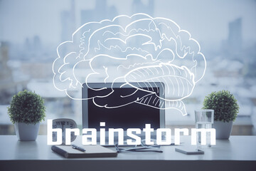 Poster - Desktop computer background in office and start up theme hologram drawing. Double exposure. Startup concept.