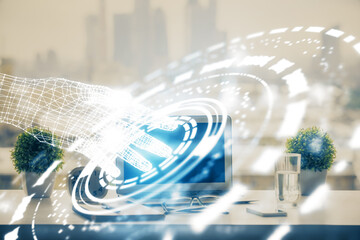 Poster - Double exposure of table with computer on background and data theme drawing. Concept of innovation.