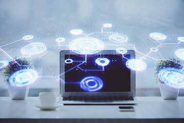 Aufkleber - Computer on desktop with social network hologram. Double exposure. Concept of international people connections.