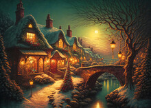 Night Christmas Street, A Row Of Cozy Houses With Luminous Windows. The Moon Illuminates The Bridge Over The River. Christmas And New Year.