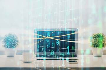 Poster - Double exposure of table with computer on background and data theme drawing. Concept of innovation.