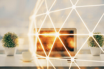 Poster - Computer on desktop with social network hologram. Double exposure. Concept of international people connections.
