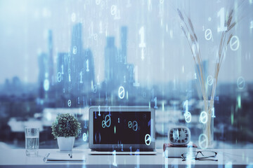 Poster - Multi exposure of table with computer on background and data theme drawing. Concept of innovation.
