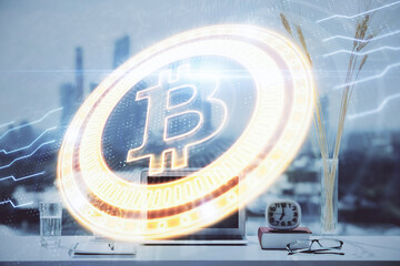 Poster - Double exposure of blockchain and crypto economy theme hologram and table with computer background. Concept of bitcoin cryptocurrency.