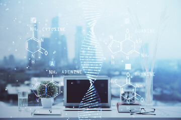 Poster - Desktop computer background and DNA drawing. Double exposure. Science concept.