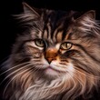  a cat with long hair looking at the camera with a serious look on its face and eyes Generative AI