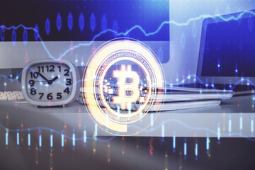 Poster - Multi exposure of blockchain theme hologram and table with computer background. Concept of bitcoin crypto currency.